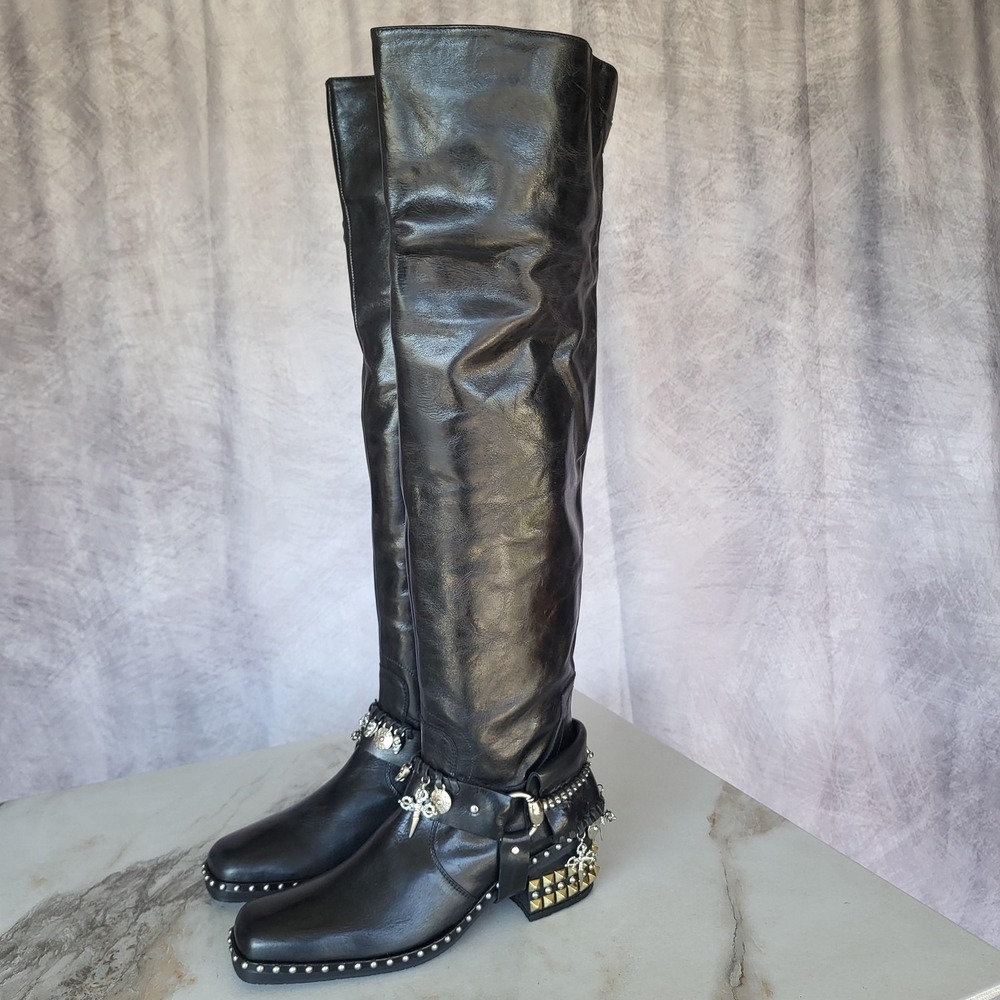 El Vaquero Tatiana Boots Womens Size 6.5 Black Leather Studded Over The Knee - Picture 4 of 16